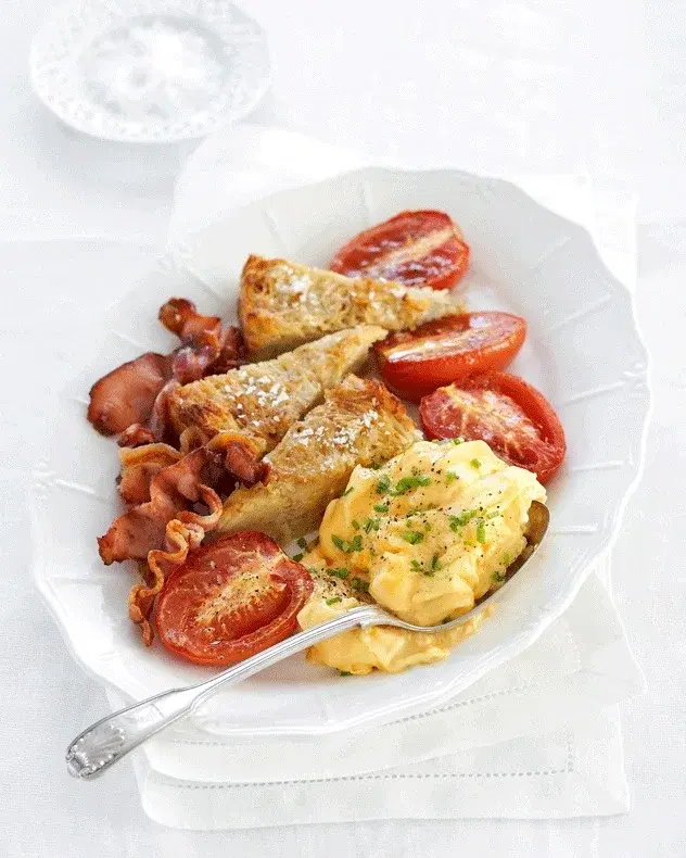 Sausage scrambled eggs hash brown bacon
